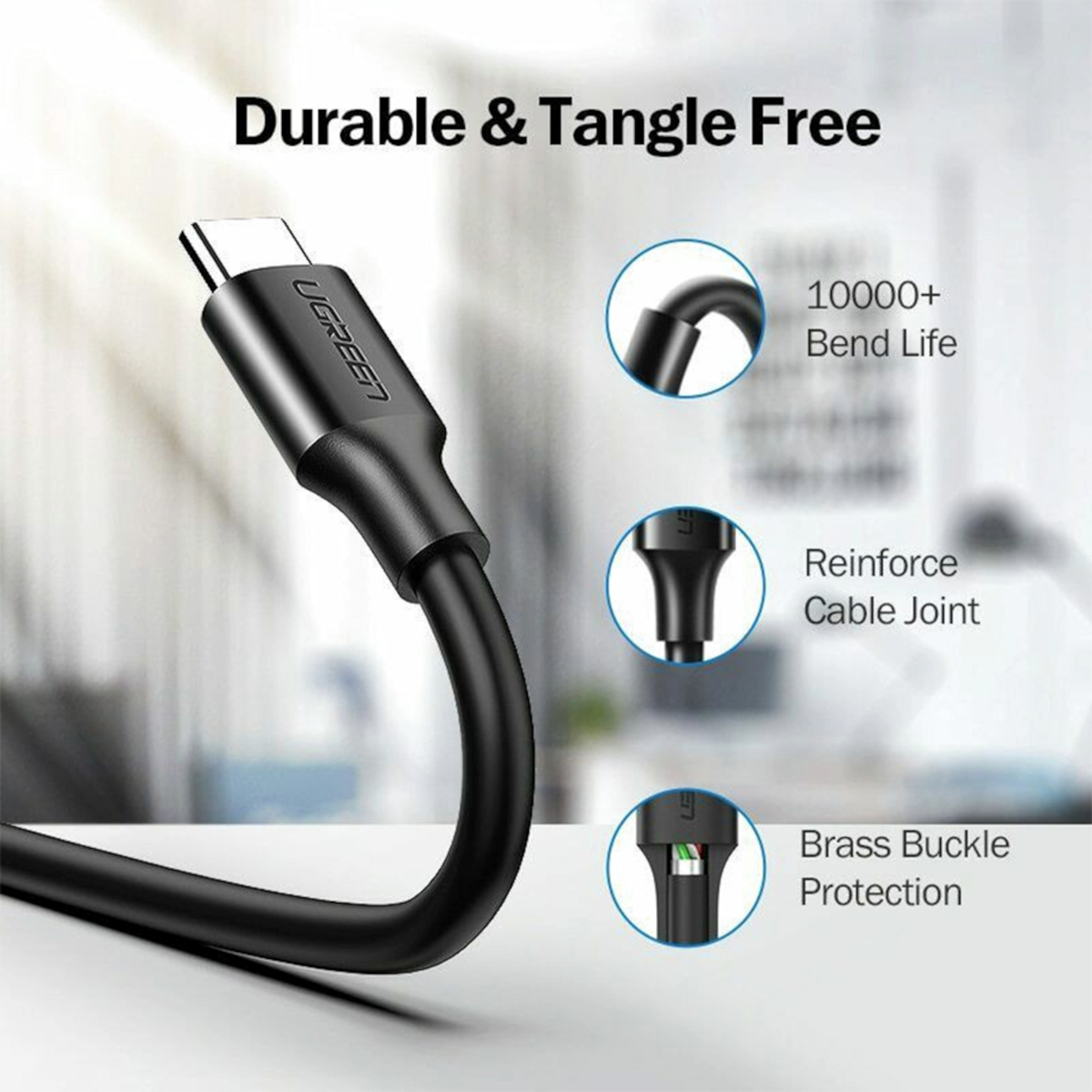 UGreen Type-C to USB 3.0 Cable 2m – Fast Charging 3A, 5Gbps Sync – Black - Image 2