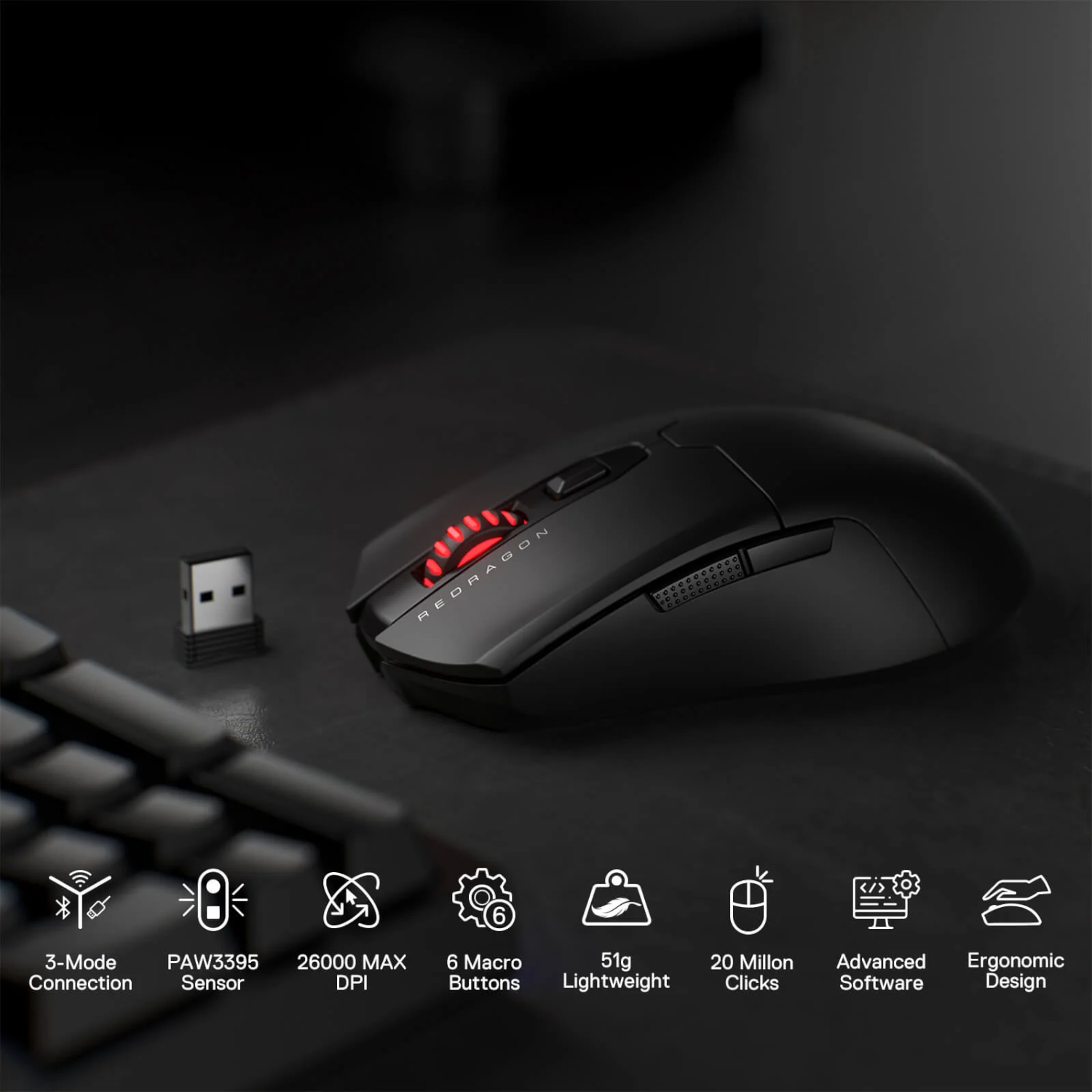 Redragon FYZU M995 PRO Wireless Gaming Mouse - Black - Image 3